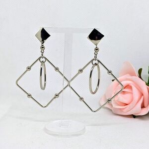 Vintage Bohemian Silver Tone Dangle Earrings Circle Square